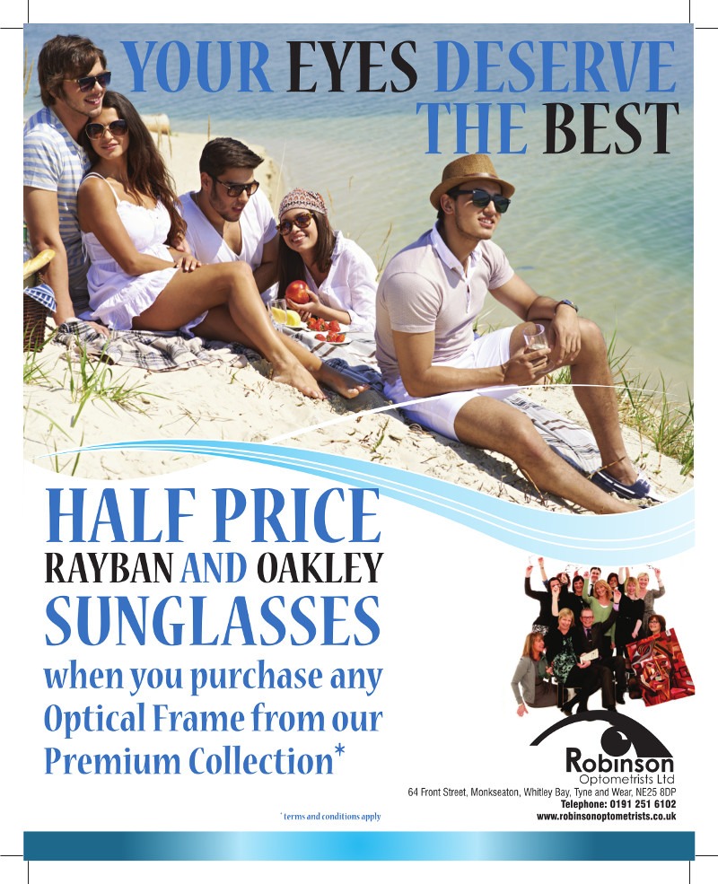 Half price Ray-Ban and Oakley Sunglasses offer at Robinson Optometrists, Monkseaton