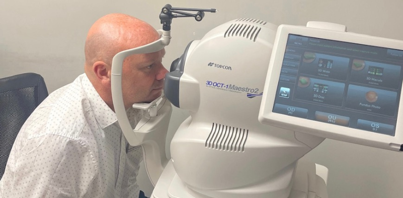 A patient having an OCT scan at Robinson Optometrists during an eye exam.