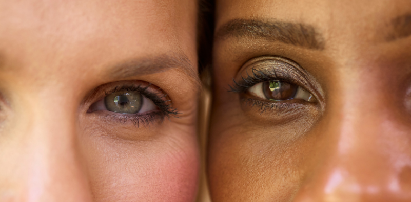 A close-up of two people’s eyes side by side.